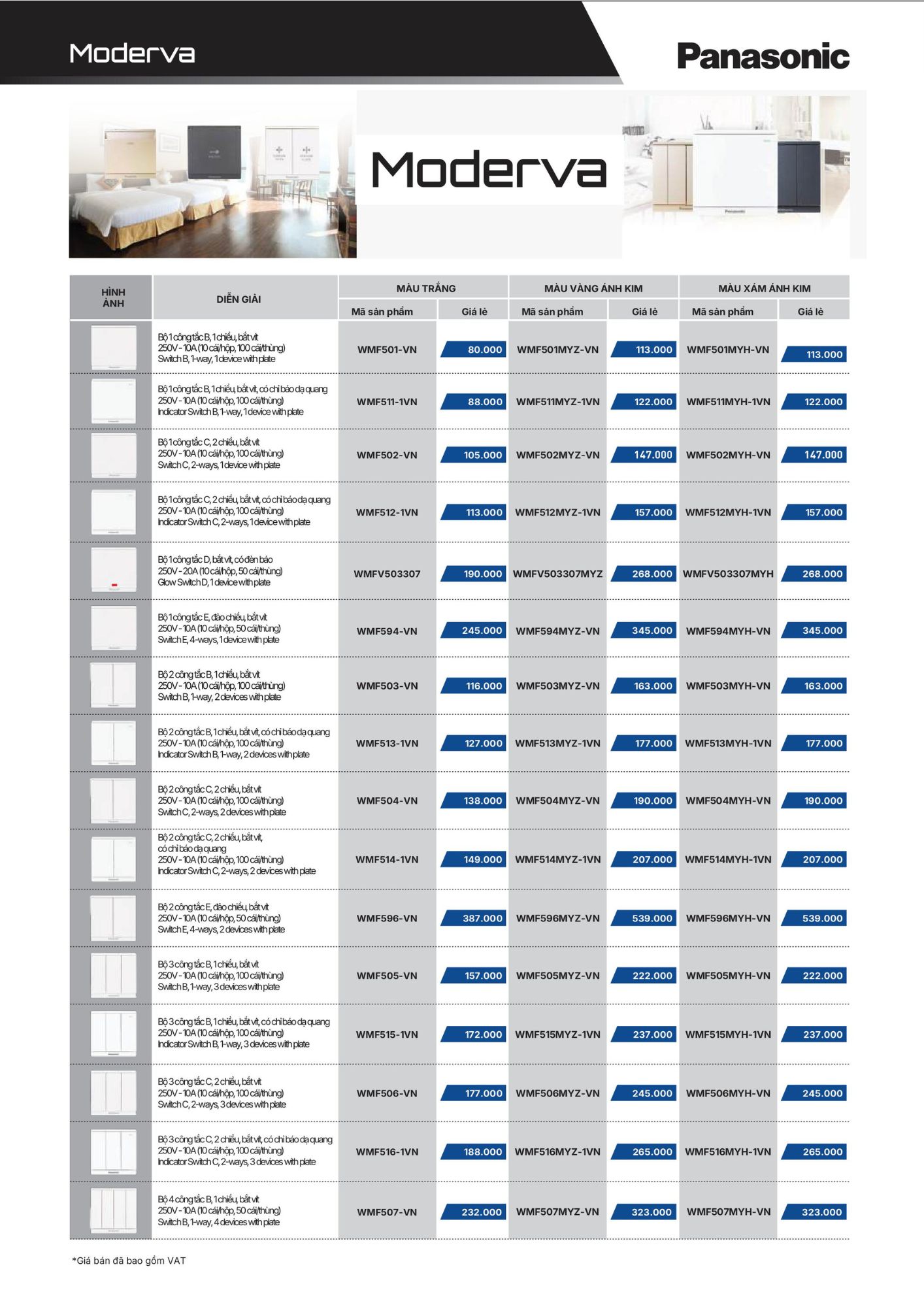 Bộ 2 công tắc C, 2 chiều, bắt vít, có chỉ báo dạ quang màu vàng WMF514MYZ-1VN Panasonic
