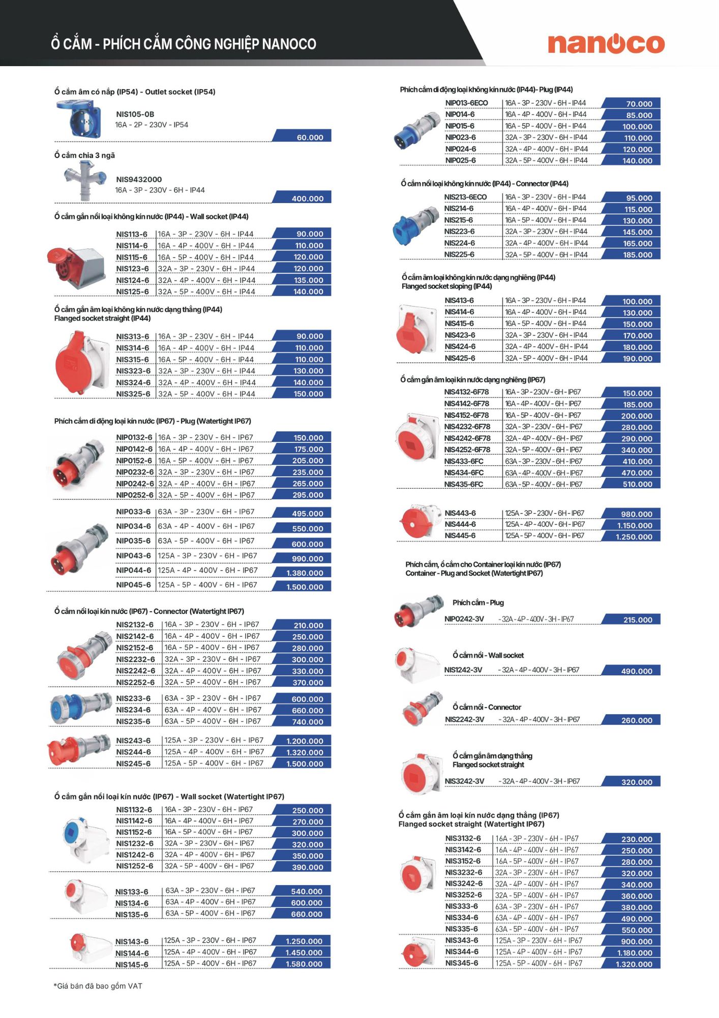 Ổ cắm gắn nổi loại không kín nước NIS124-6 Nanoco IP44