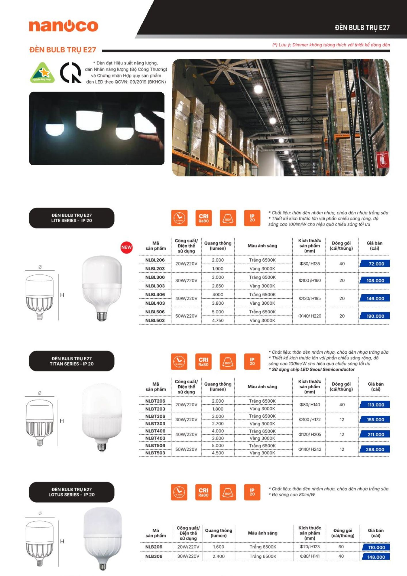 Bóng đèn led bulb trụ E27 50W 6500K NLBT506 Nanoco
