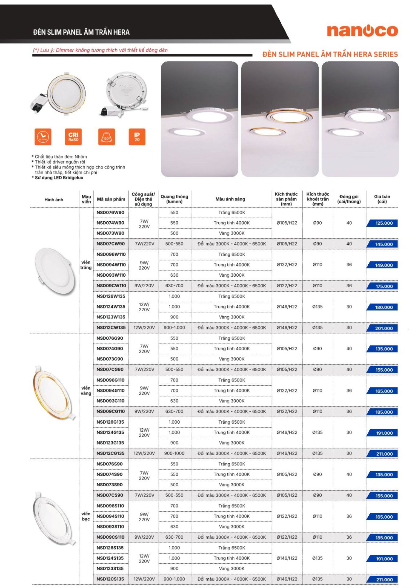 Đèn âm trần viền bạc 9W 4000K NSD094S110 Nanoco