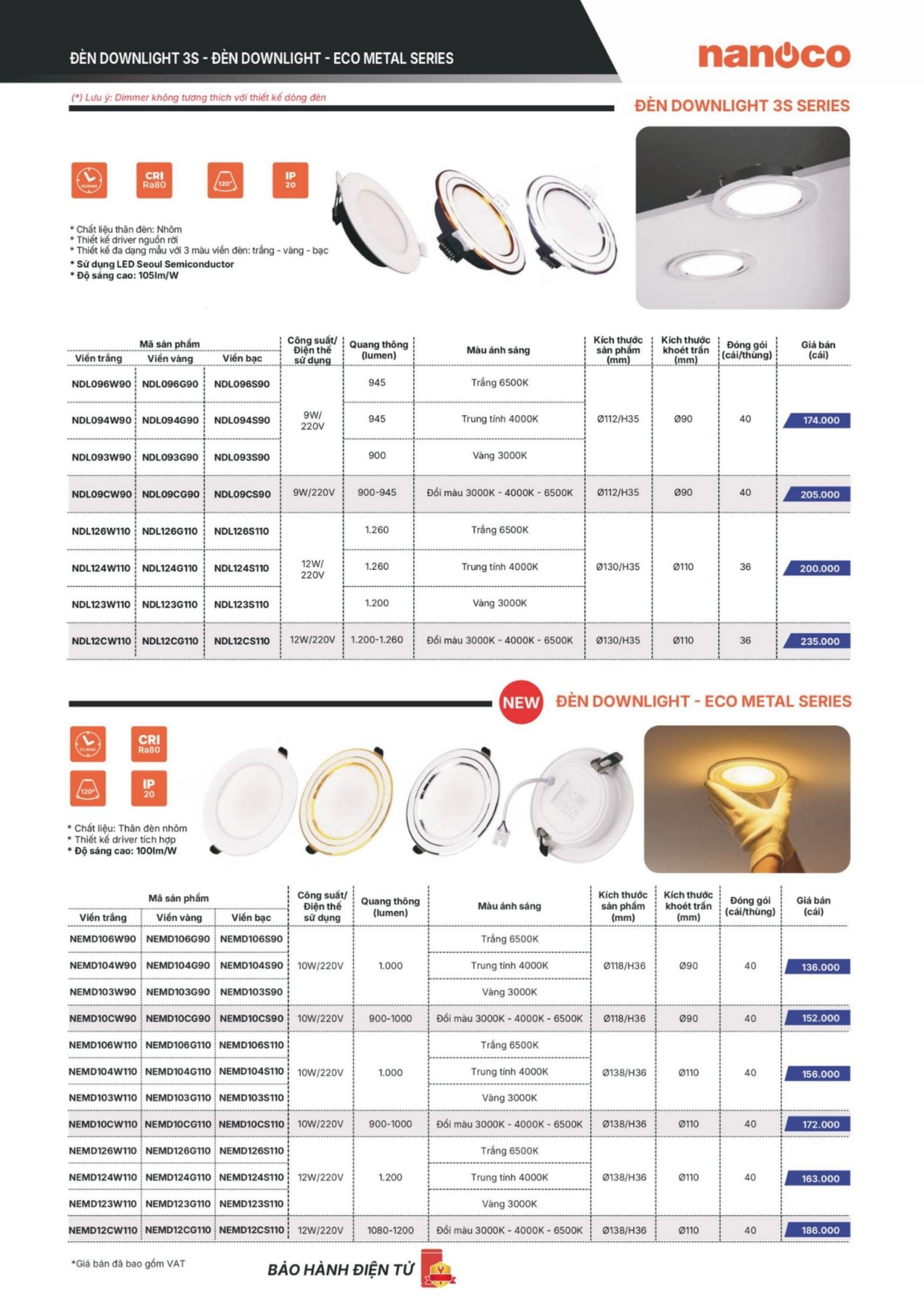 Đèn led âm trần viền trắng 10W NEMD104W110 Nanoco