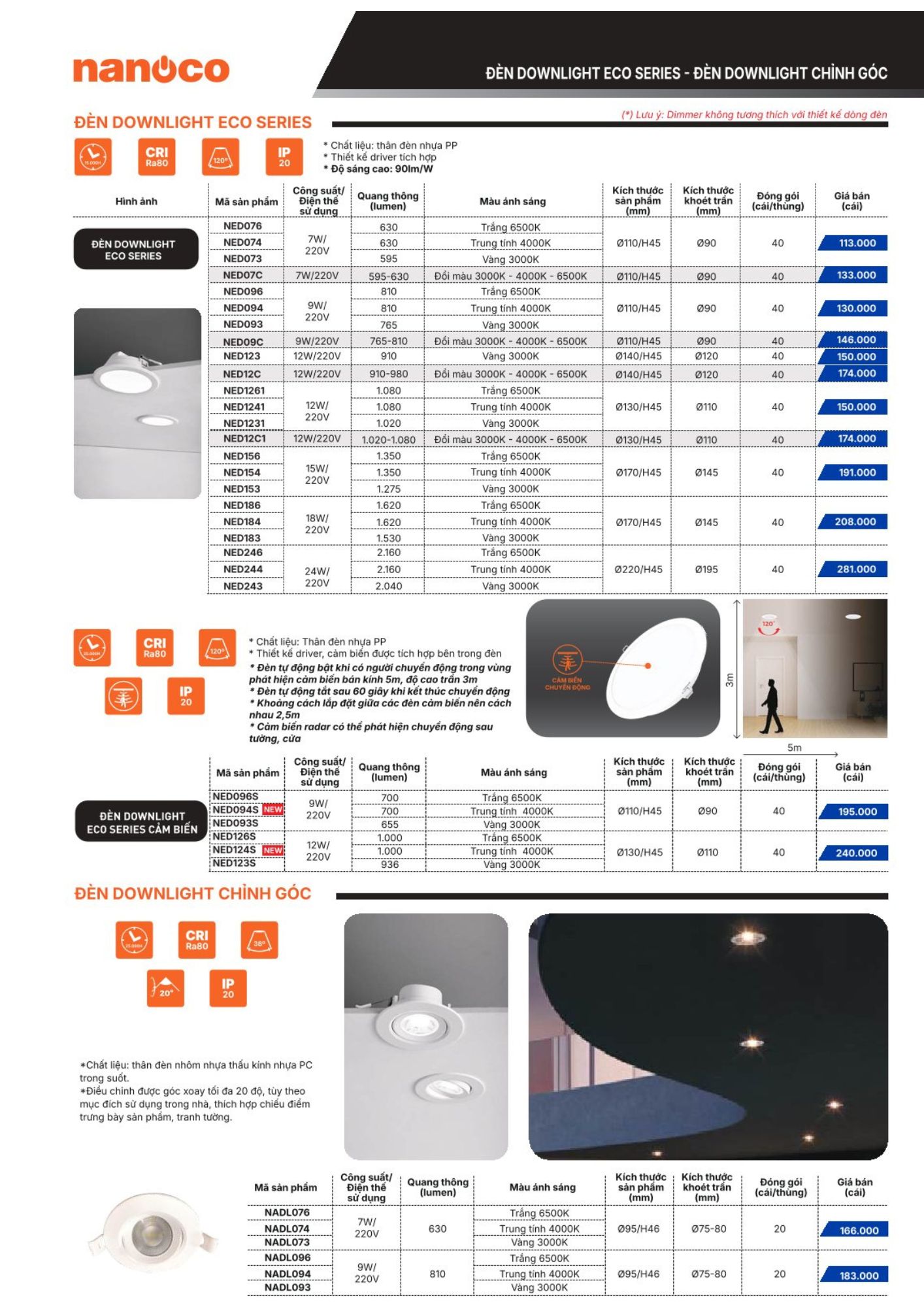 Đèn led Downlight ECO Series cảm biến NED126S 6500K Nanoco