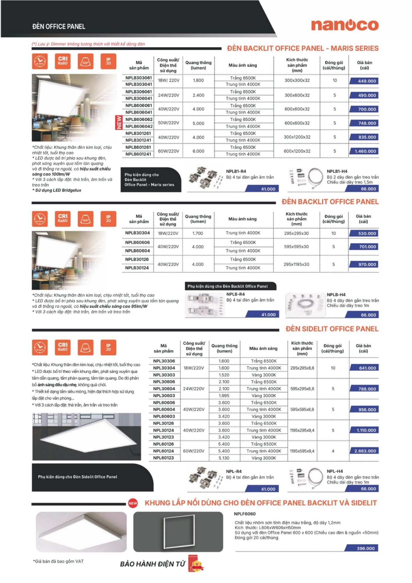 Đèn led panel 40W 4000K NPL30124 Nanoco