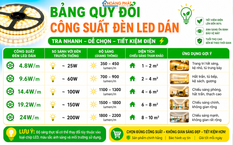 Bảng Quy Đổi Công Suất Đèn LED Thay Đèn Sợi Đốt & Compact: Chọn Đúng Độ Sáng