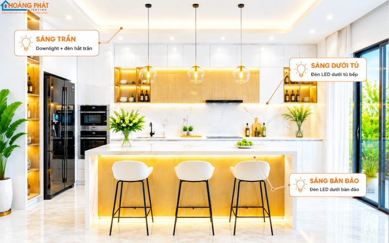 Chiếu Sáng Nhà Bếp Chuẩn: Chọn Đèn LED Cho Tủ Bếp, Bàn Đảo, Khu Nấu