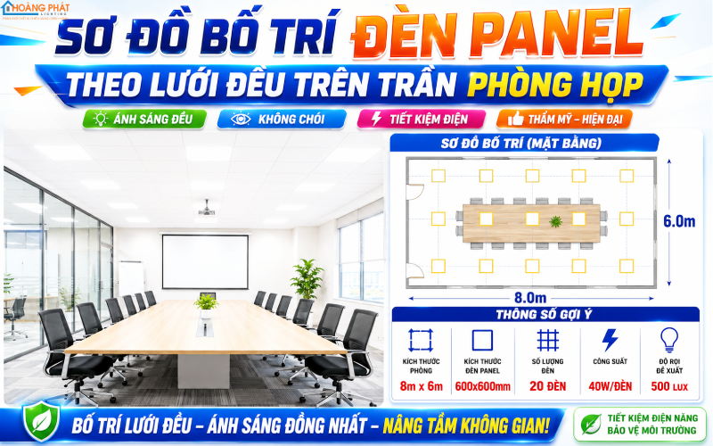 Bố trí đèn panel theo lưới đều trên trần phòng họp