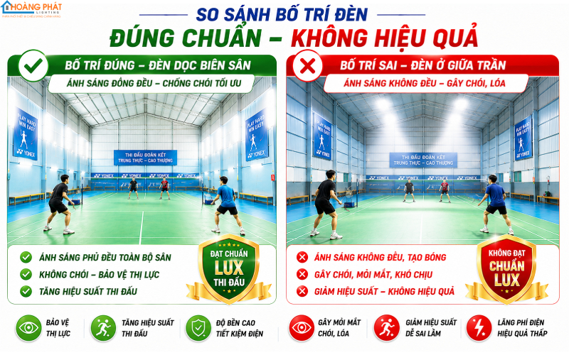 Bố trí đèn sân cầu lông chống lóa