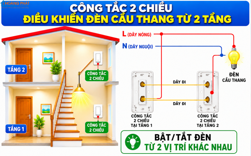 Cách Đấu Công Tắc 2 Chiều (Cầu Thang): Điều Khiển 1 Đèn Từ 2 Nơi