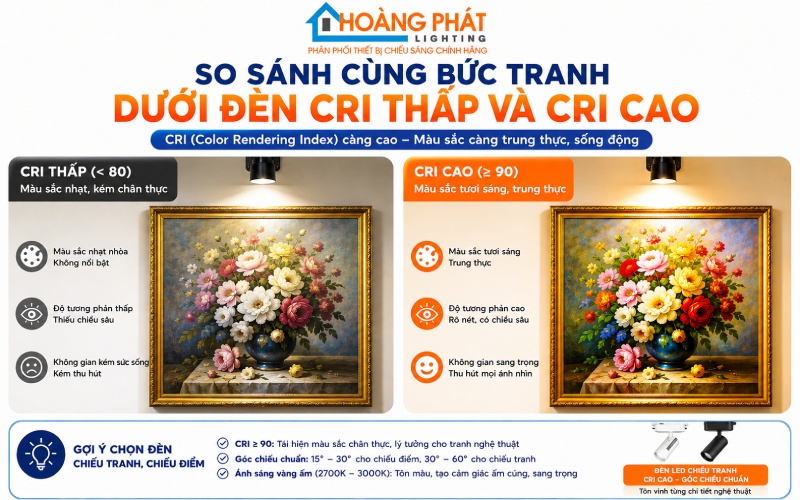 Đèn LED Chiếu Tranh, Chiếu Điểm Trang Trí: Cách Chọn CRI, Góc Chiếu Chuẩn