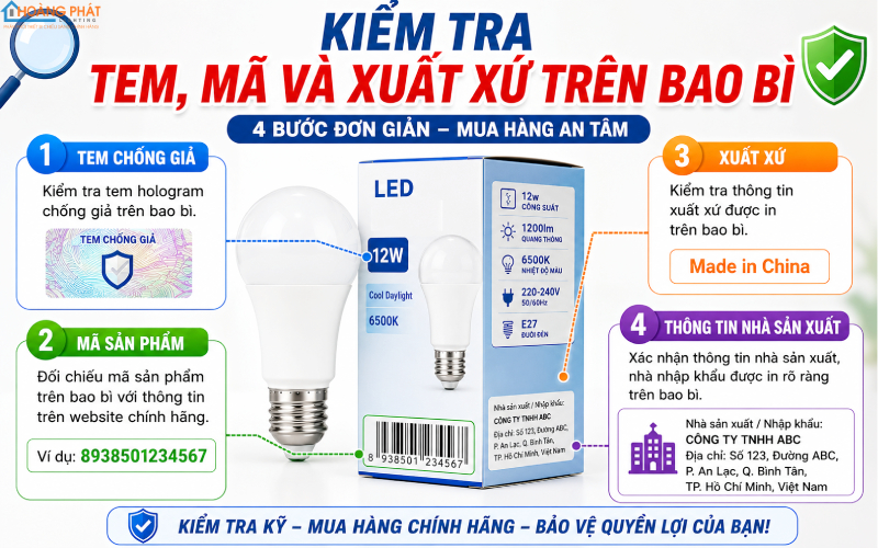 Kiểm tra tem, mã và xuất xứ đèn LED