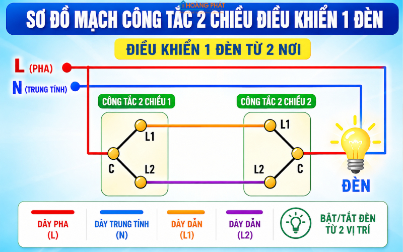Cách Đấu Công Tắc 2 Chiều (Cầu Thang): Điều Khiển 1 Đèn Từ 2 Nơi