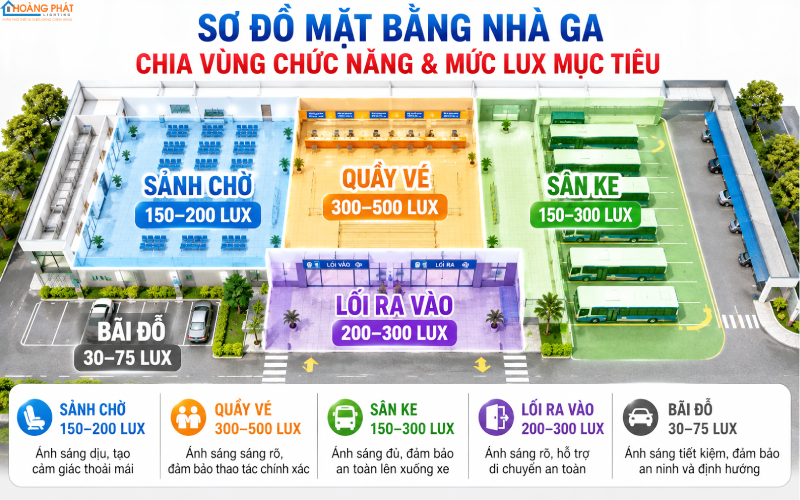 Phân vùng chiếu sáng nhà ga bến xe theo chuẩn lux