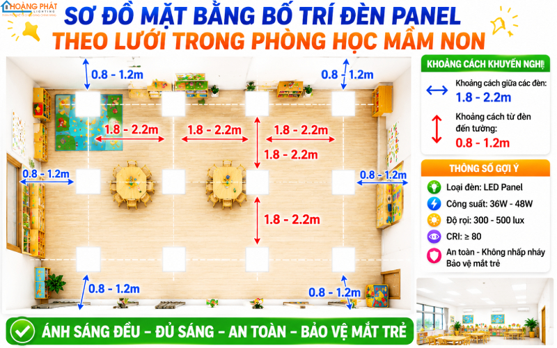 Sơ đồ bố trí đèn panel LED phòng học mầm non