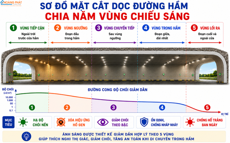 Sơ đồ phân vùng độ chói chiếu sáng đường hầm