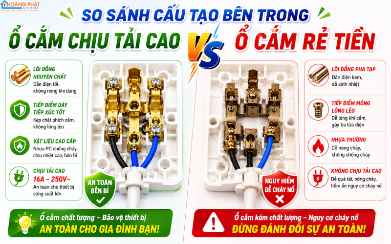So sánh cấu tạo bên trong ổ cắm chịu tải cao và ổ cắm rẻ tiền