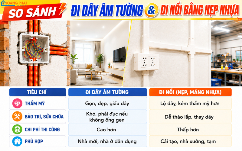 So sánh dây điện âm tường và đi nổi