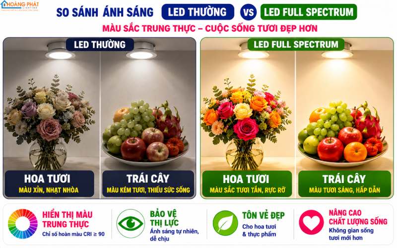 So sánh độ hoàn màu đèn LED full spectrum