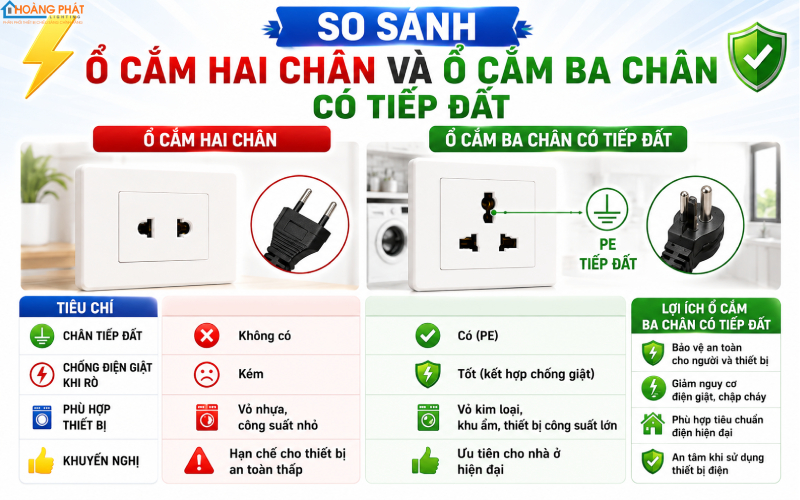 So sánh ổ cắm hai chân và ba chân