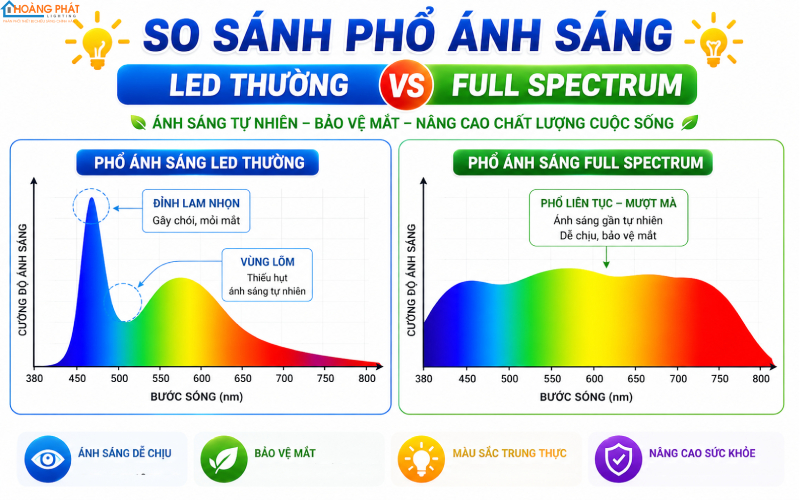 So sánh phổ đèn LED full spectrum và LED thường