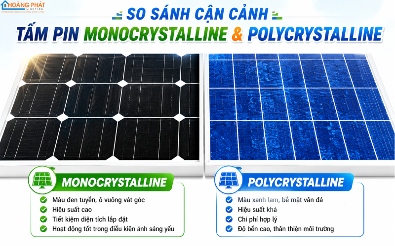 So sánh tấm pin mono và poly cho đèn năng lượng mặt trời mùa mưa
