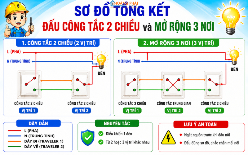 Cách Đấu Công Tắc 2 Chiều (Cầu Thang): Điều Khiển 1 Đèn Từ 2 Nơi
