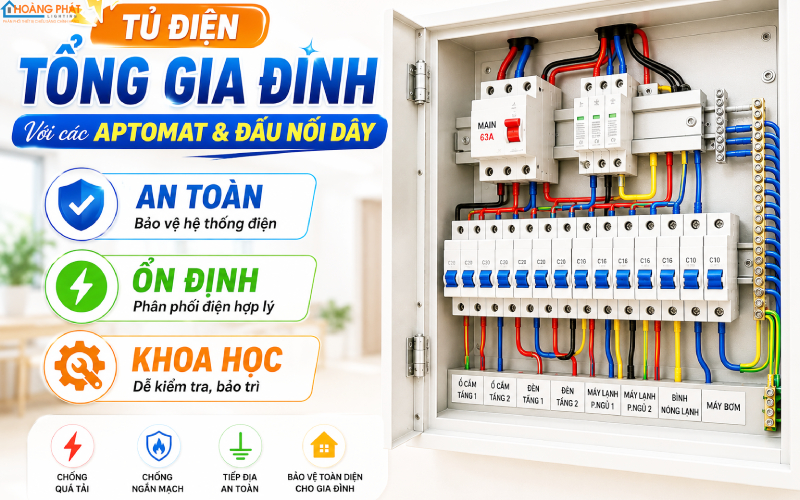 Tủ điện tổng gia đình với các aptomat và đấu nối dây