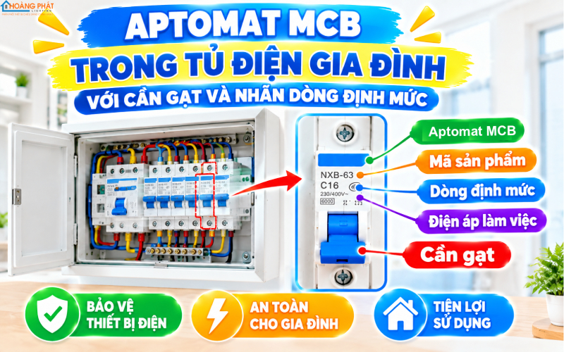 Aptomat MCB trong tủ điện gia đình với cần gạt