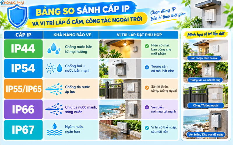 Bảng cấp IP ổ cắm, công tắc ngoài trời