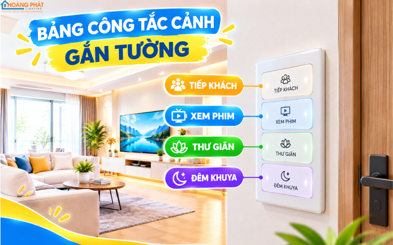 Bảng công tắc cảnh gắn tường với các nút Tiếp khách, Xem phim, Thư giãn, Đêm khuya