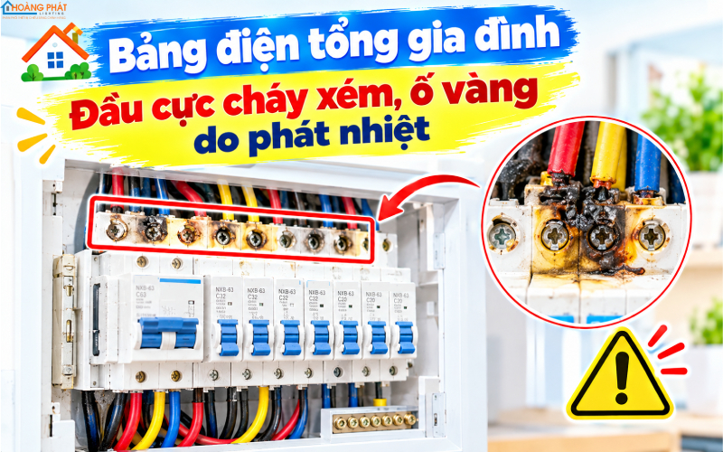 Bảng điện tổng nóng, mùi khét, đầu cực cháy xém