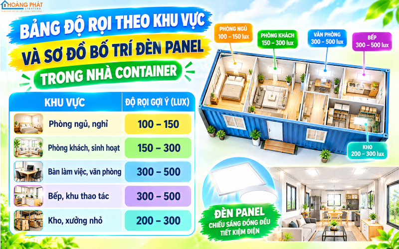 Bảng độ rọi theo khu vực và sơ đồ bố trí đèn panel trong nhà container