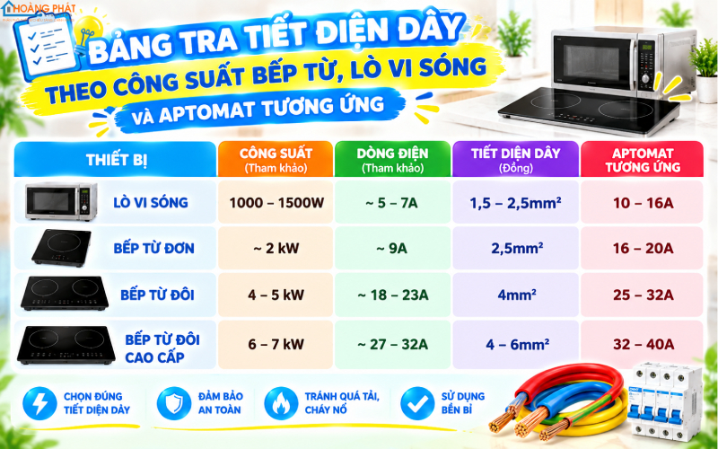 Bảng tra tiết diện dây bếp từ, lò vi sóng theo aptomat