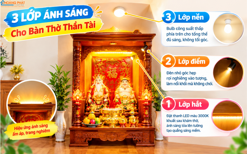 Bố trí ánh sáng bàn thờ Thần Tài