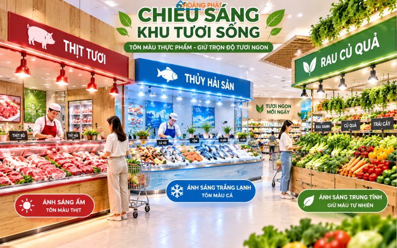 Chiếu Sáng Quầy Thực Phẩm Tươi Sống: Tôn Màu Thịt, Cá, Rau