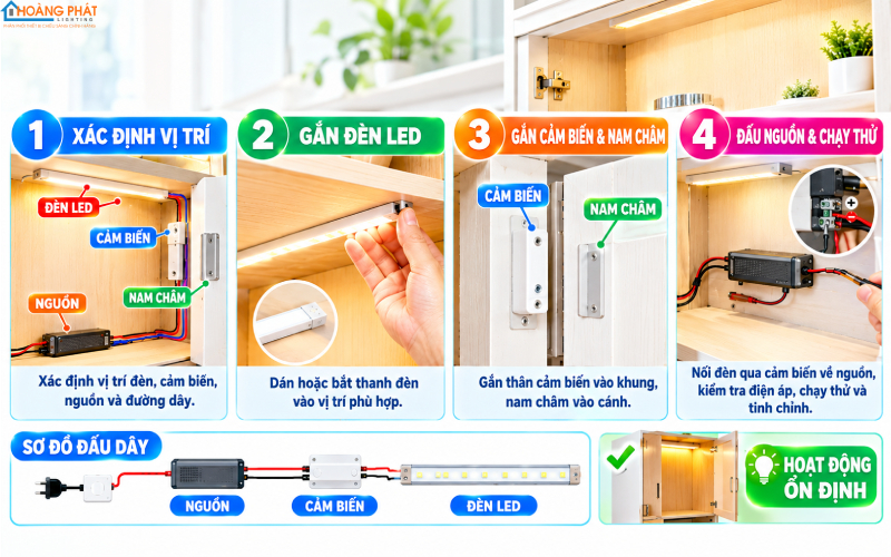 Các bước gắn thân cảm biến vào khung tủ và nam châm vào cánh