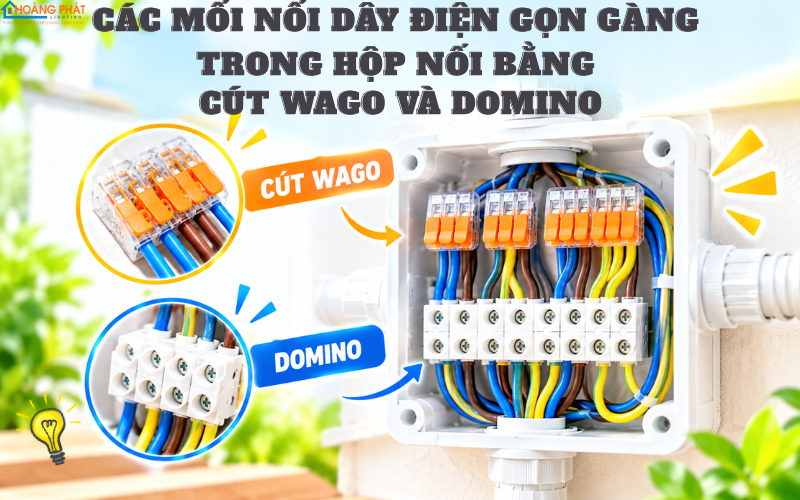Các mối nối dây điện gọn gàng trong hộp nối bằng cút Wago và domino