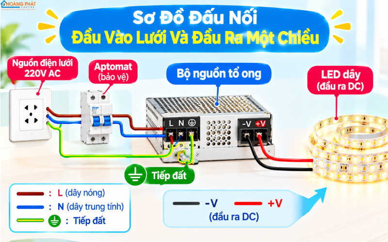 Cách đấu nối nguồn tổ ong LED dây