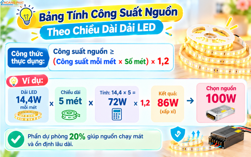 Cách tính công suất nguồn LED dây