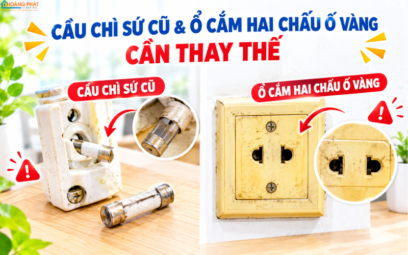 Cầu chì sứ cũ và ổ cắm hai chấu ố vàng