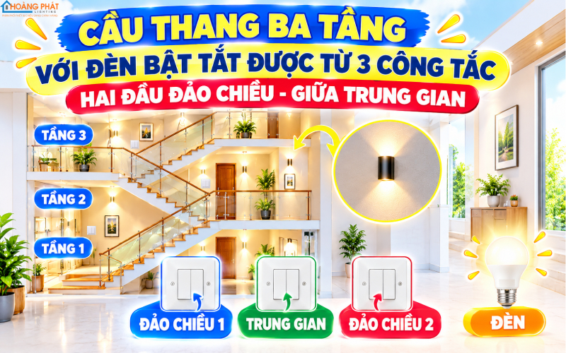 Cầu thang ba tầng với đèn bật/tắt được từ ba công tắc​