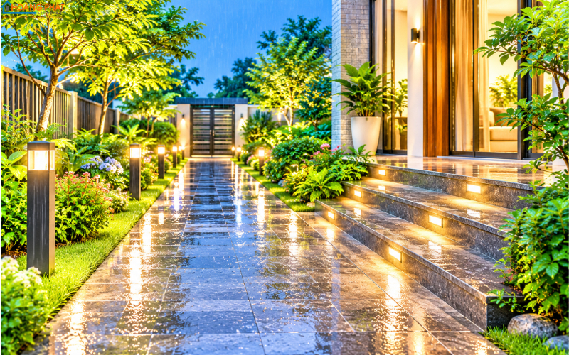 Chiếu sáng lối đi cổng ngõ mùa mưa chống trơn trượt