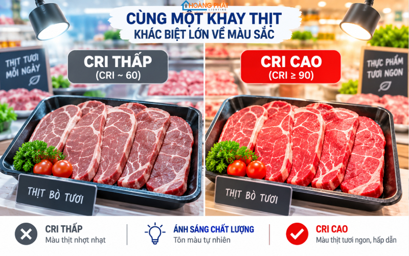 Chiếu Sáng Quầy Thực Phẩm Tươi Sống: Tôn Màu Thịt, Cá, Rau
