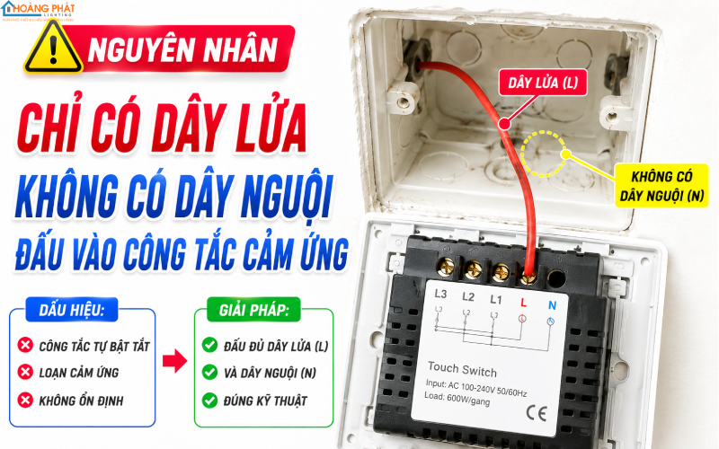 Công tắc cảm ứng chạm thiếu dây nguội gây tự bật tắt