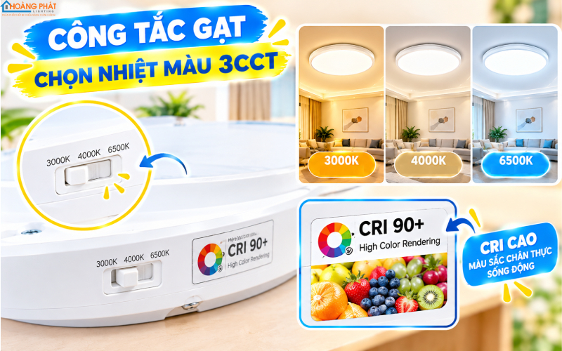 Công tắc gạt chọn nhiệt màu và nhãn thông số CRI trên đèn ốp trần 3CCT