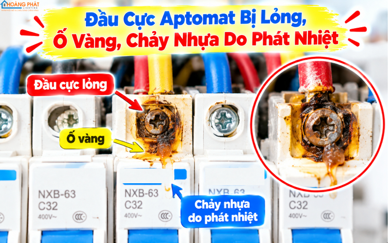 Đầu cực aptomat lỏng, ố vàng, chảy nhựa