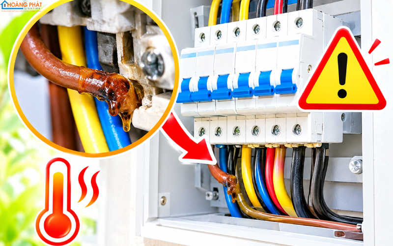 Dây điện có vỏ cách điện ngả nâu và chảy nhựa tại mối nối