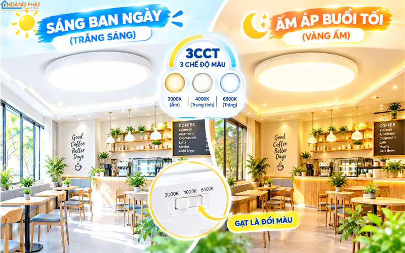 Đèn 3CCT quán cà phê đổi màu theo khung giờ