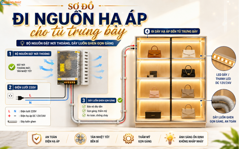 Đi nguồn và tản nhiệt đèn tủ trưng bày