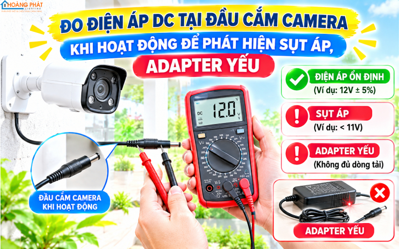 Đo điện áp tại camera phát hiện sụt áp, adapter yếu