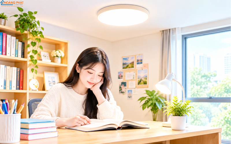 Góc học tập với đèn LED dịu mắt